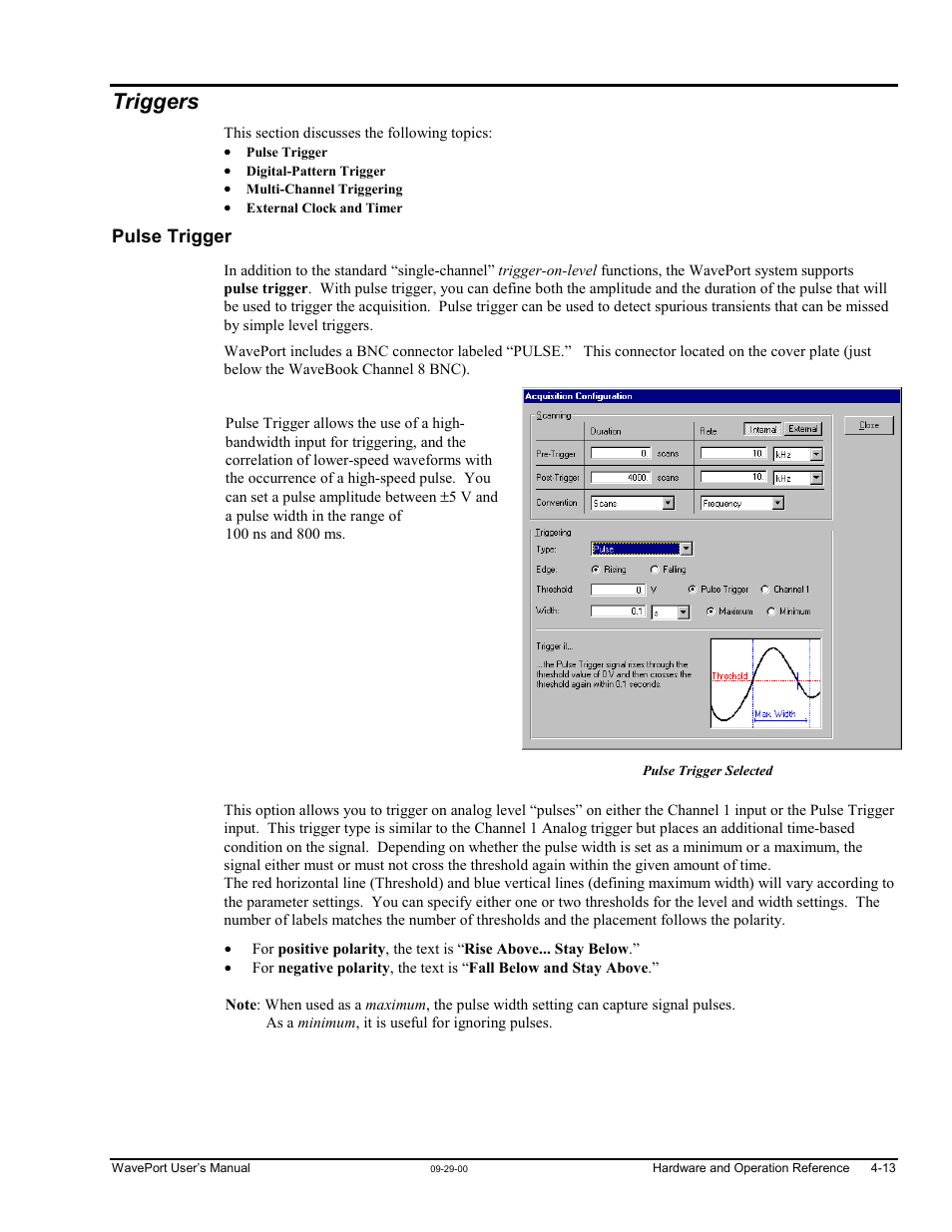 Triggers, Pulse trigger, Iggers ……4-13 | Measurement Computing WavePort rev.3.0 User Manual | Page 41 / 140