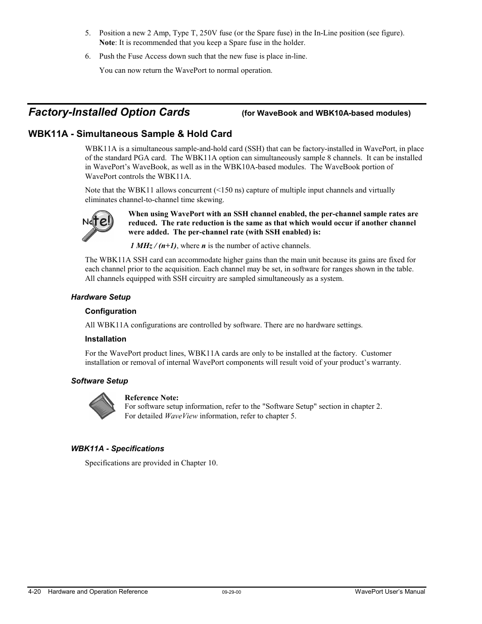 Wbk11a - simultaneous sample & hold card, Wbk11a – simultaneous sample and hold card……4-20, Factory-installed option cards | Measurement Computing WavePort rev.3.0 User Manual | Page 48 / 140