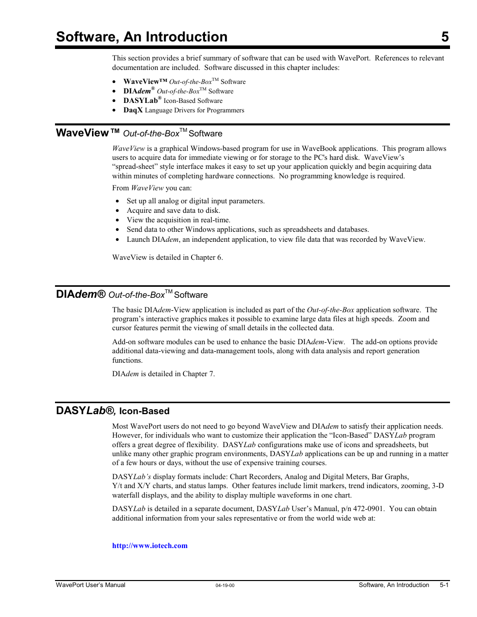 Chapter 5 - software, an introduction, Waveview™ out-of-the-boxtm software, Diadem® out-of-the-boxtm software | Dasylab®, icon-based, Software, an introduction 5, Waveview, Dia dem, Dasy lab | Measurement Computing WavePort rev.3.0 User Manual | Page 51 / 140