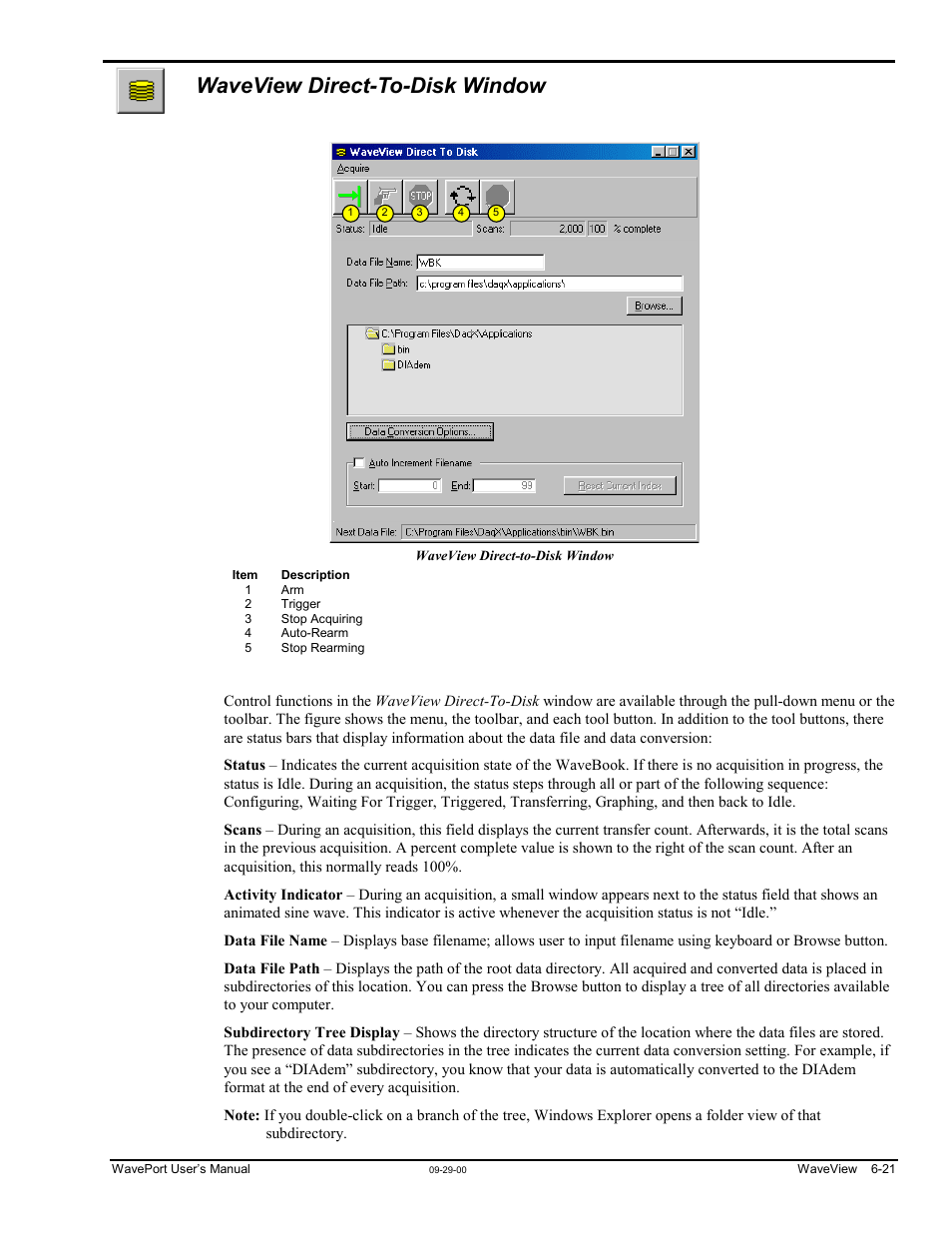 Waveview direct-to-disk window, Iew direct-to-disk window… 6-21 | Measurement Computing WavePort rev.3.0 User Manual | Page 73 / 140
