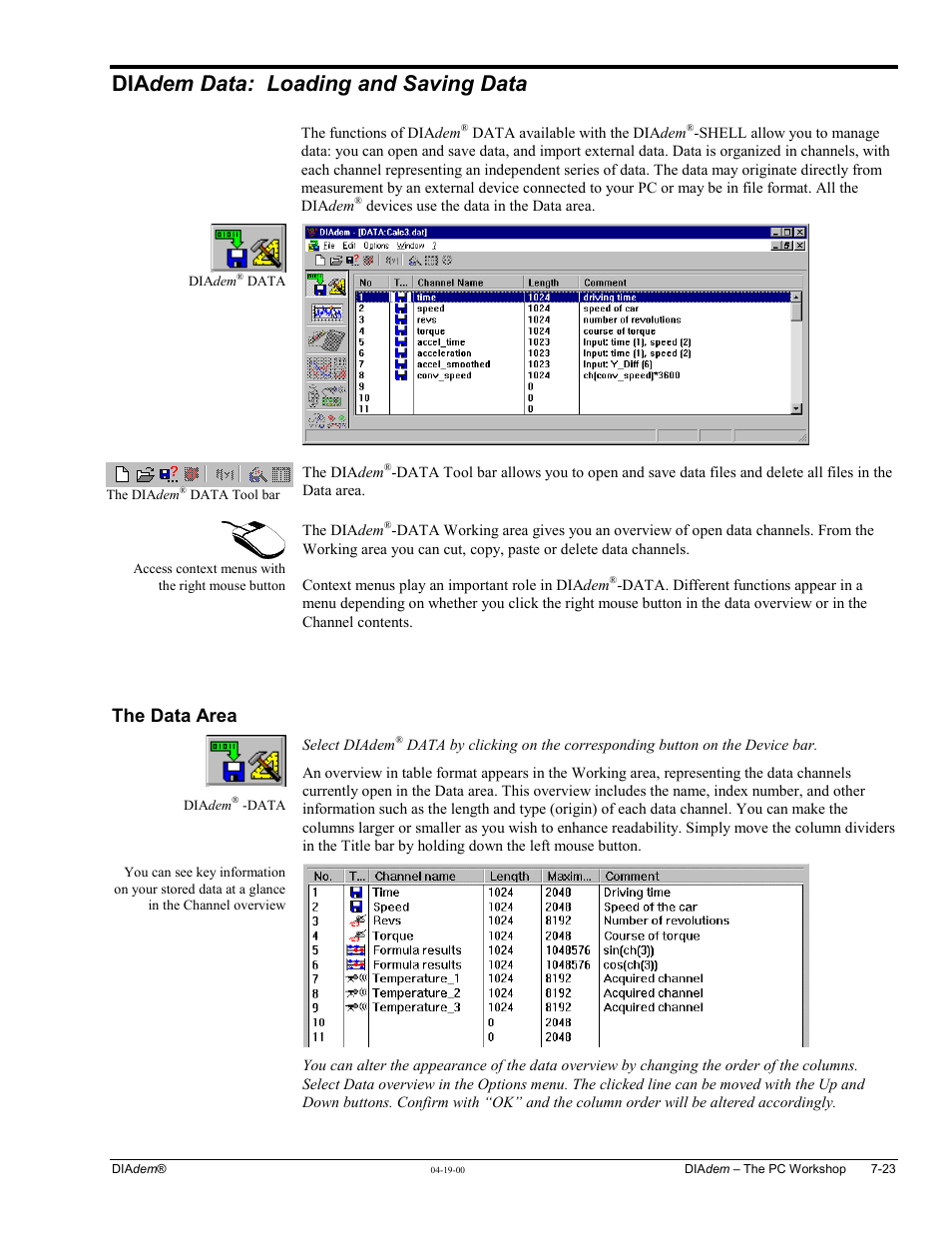 Diadem data: loading and saving data, Dia dem data: loading and saving data, The data area | Measurement Computing WavePort rev.3.0 User Manual | Page 97 / 140
