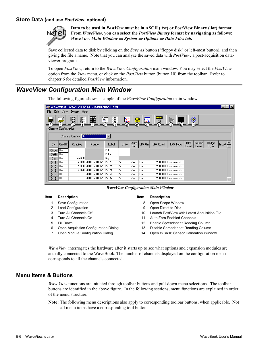 Store data (and use postview, optional), Waveview configuration main window, Menu items & buttons | Ta…… 5-6, Enu items & buttons…… 5-6, Store data | Measurement Computing WaveBook rev.3.0 User Manual | Page 100 / 236