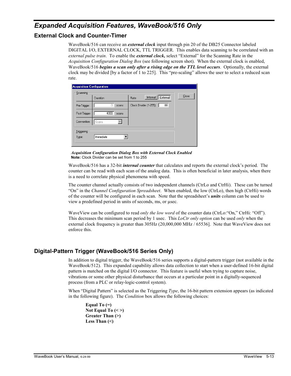Expanded acquisition features, wavebook/516 only, External clock and counter-timer, Digital-pattern trigger (wavebook/516 series only) | Ly…… 5-13, Imer …… 5-13, Igger…… 5-13 | Measurement Computing WaveBook rev.3.0 User Manual | Page 107 / 236