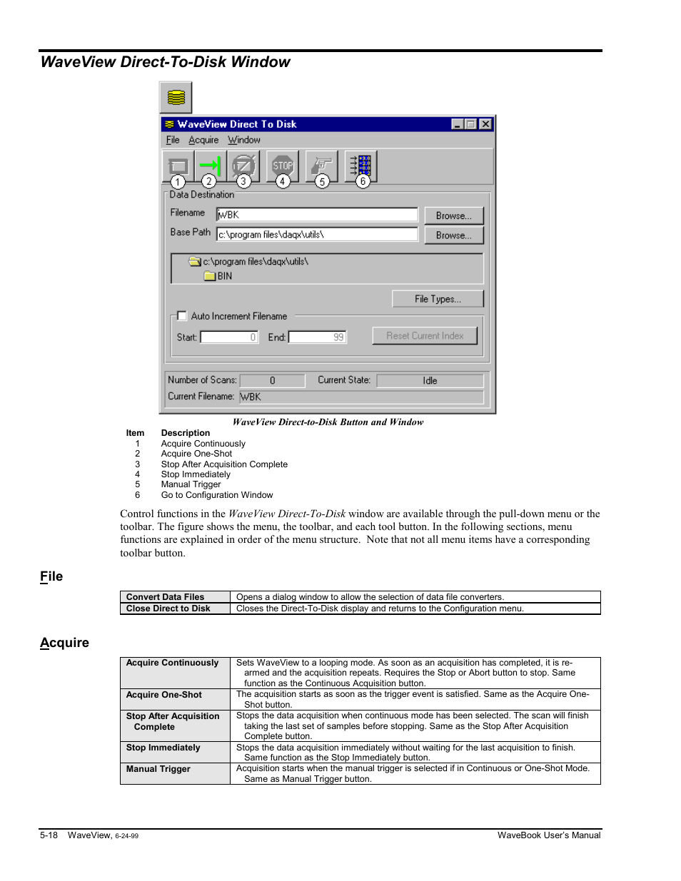 Waveview direct-to-disk window, File, Acquire | Iew direct-to-disk window… 5-18, File…… 5-18 acquire…… 5-18 | Measurement Computing WaveBook rev.3.0 User Manual | Page 112 / 236