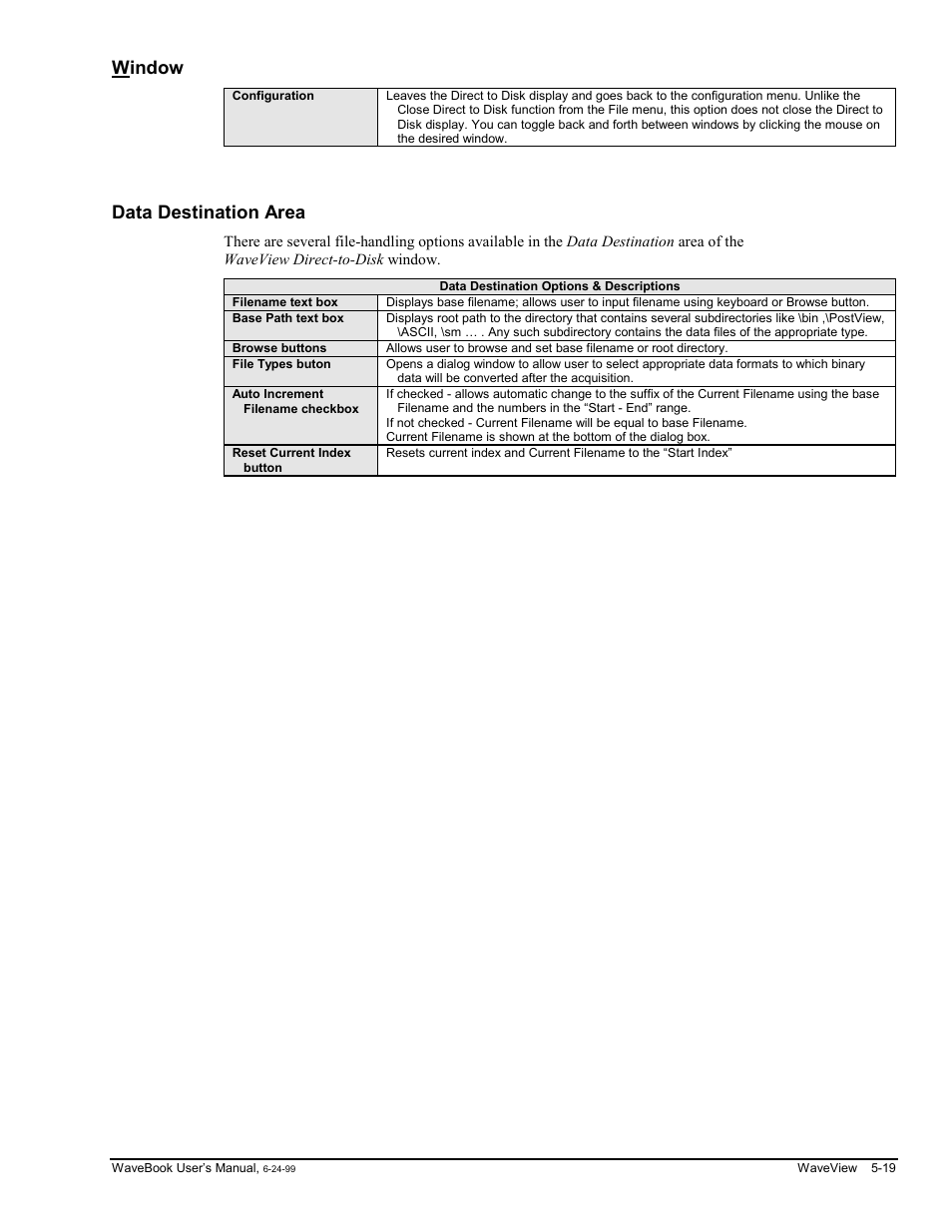 Window, Data destination area, Stination area…… 5-19 | Measurement Computing WaveBook rev.3.0 User Manual | Page 113 / 236