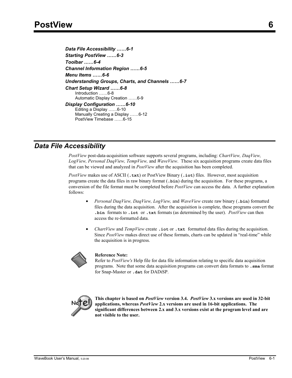 Chapter 6 postview, Data file accessibility, Postview | Measurement Computing WaveBook rev.3.0 User Manual | Page 115 / 236