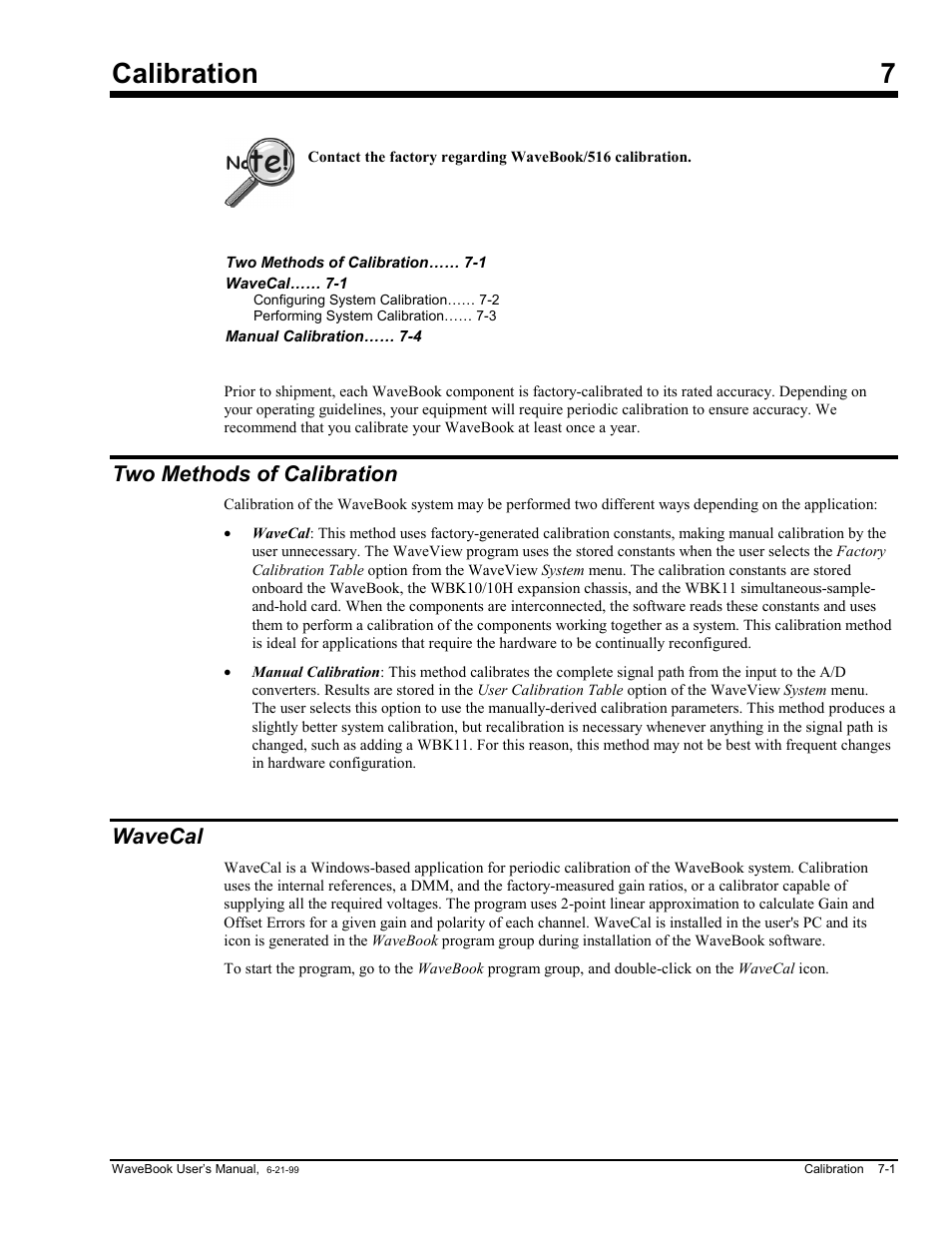 Chapter 7 calibration, Two methods of calibration, Wavecal | Calibration 7 | Measurement Computing WaveBook rev.3.0 User Manual | Page 131 / 236