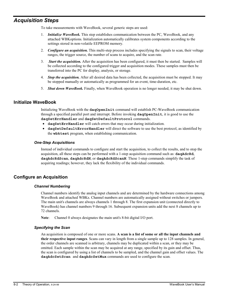 Initialize wavebook, One-step acquisitions, Configure an acquisition | Channel numbering, Specifying the scan, S…… 8-2, Book…… 8-2, Onfigure an acquisition…… 8-2, Ng…… 8-2, An…… 8-2 | Measurement Computing WaveBook rev.3.0 User Manual | Page 136 / 236