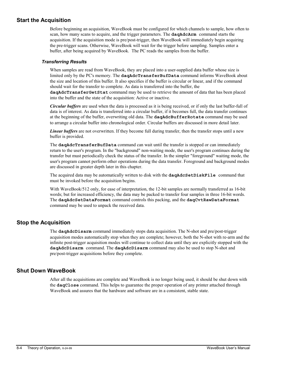 Start the acquisition, Transferring results, Stop the acquisition | Shut down wavebook, Book…… 8-4 | Measurement Computing WaveBook rev.3.0 User Manual | Page 138 / 236