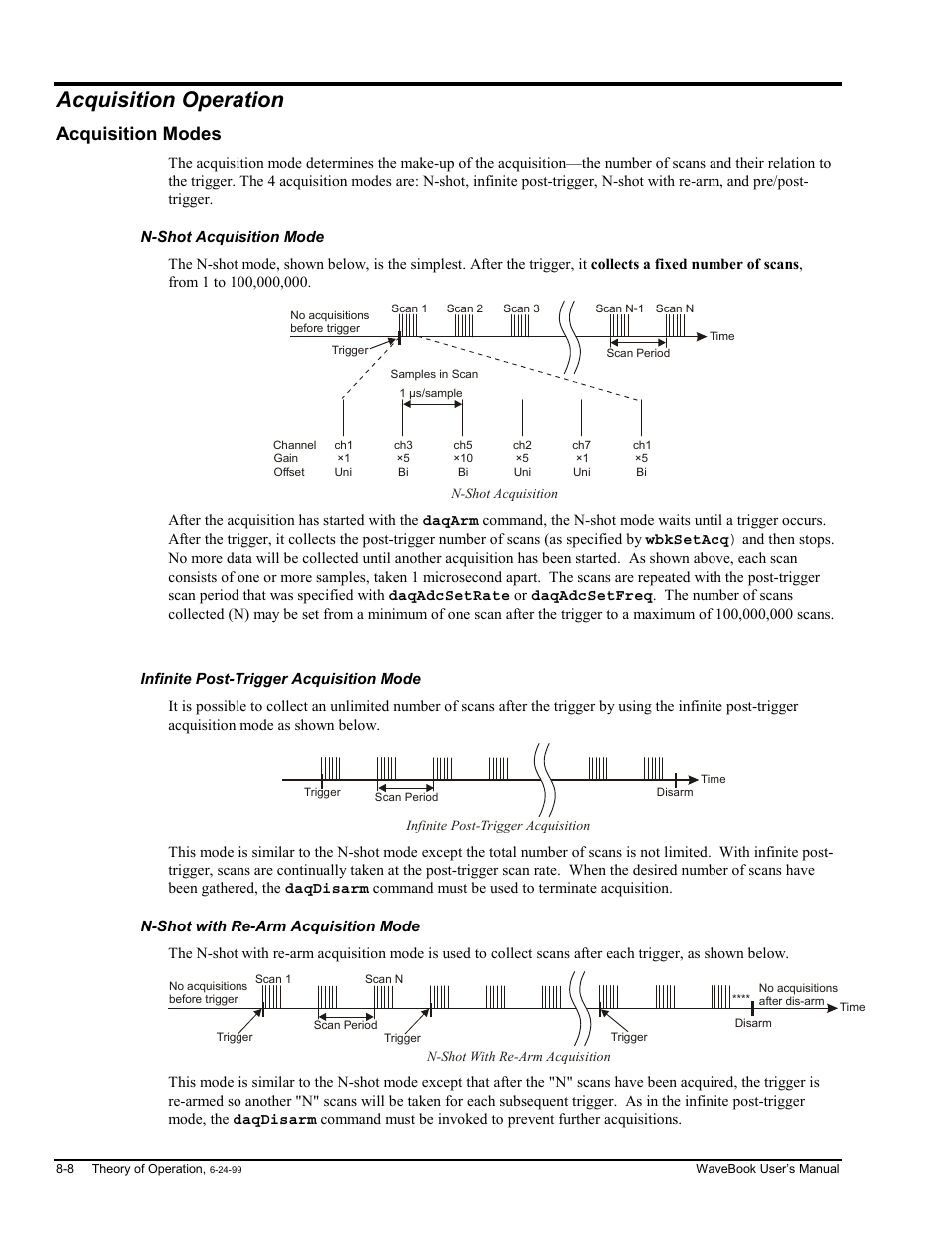Acquisition operation, Acquisition modes, N-shot acquisition mode | Infinite post-trigger acquisition mode, N-shot with re-arm acquisition mode, Odes…… 8-8, Ode…… 8-8 | Measurement Computing WaveBook rev.3.0 User Manual | Page 142 / 236