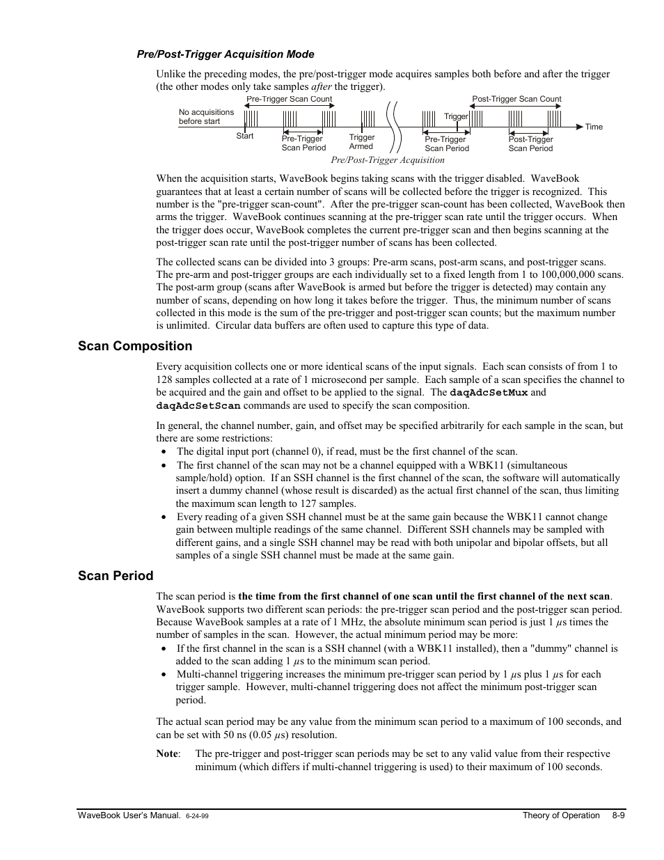 Pre/post-trigger acquisition mode, Scan composition, Scan period | Ode…… 8-9, Mposition…… 8-9 scan period…… 8-9 | Measurement Computing WaveBook rev.3.0 User Manual | Page 143 / 236