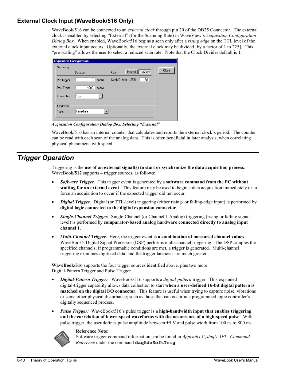 External clock input (wavebook/516 only), Trigger operation | Measurement Computing WaveBook rev.3.0 User Manual | Page 144 / 236
