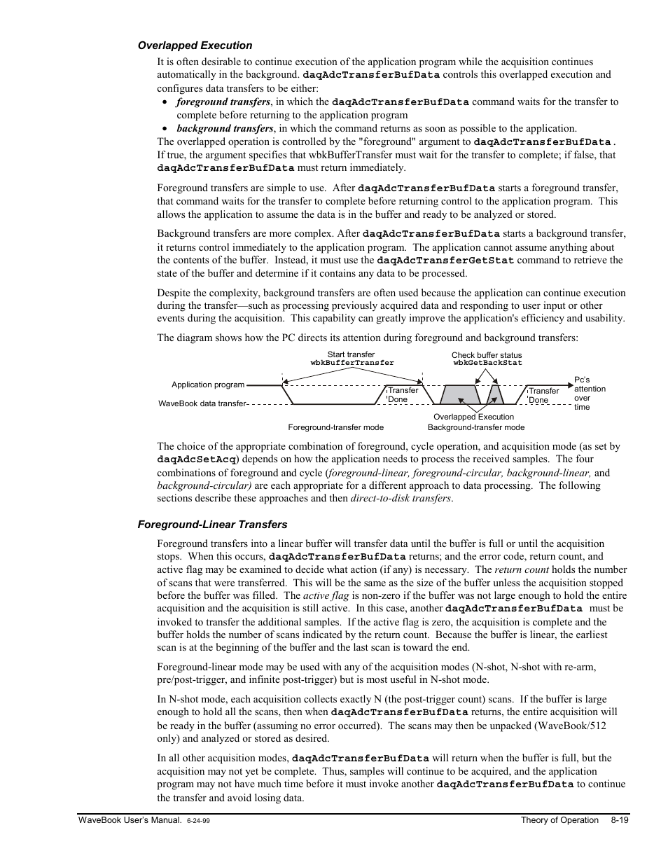 Overlapped execution, Foreground-linear transfers, On…… 8-19 | Measurement Computing WaveBook rev.3.0 User Manual | Page 153 / 236