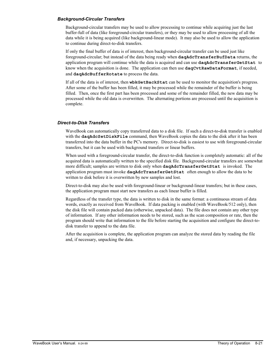 Background-circular transfers, Direct-to-disk transfers | Measurement Computing WaveBook rev.3.0 User Manual | Page 155 / 236