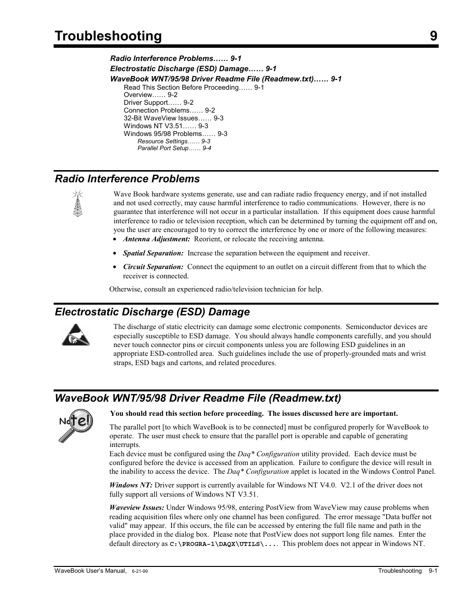 Chapter 9 troubleshooting, Radio interference problems, Electrostatic discharge (esd) damage | Troubleshooting 9 | Measurement Computing WaveBook rev.3.0 User Manual | Page 157 / 236