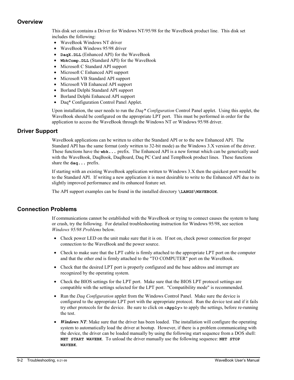 Overview, Driver support, Connection problems | Measurement Computing WaveBook rev.3.0 User Manual | Page 158 / 236