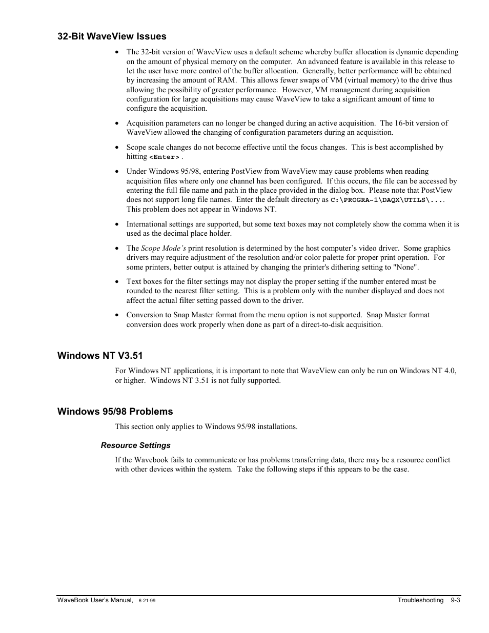 Bit waveview issues, Windows nt v3.51, Windows 95/98 problems | Resource settings | Measurement Computing WaveBook rev.3.0 User Manual | Page 159 / 236