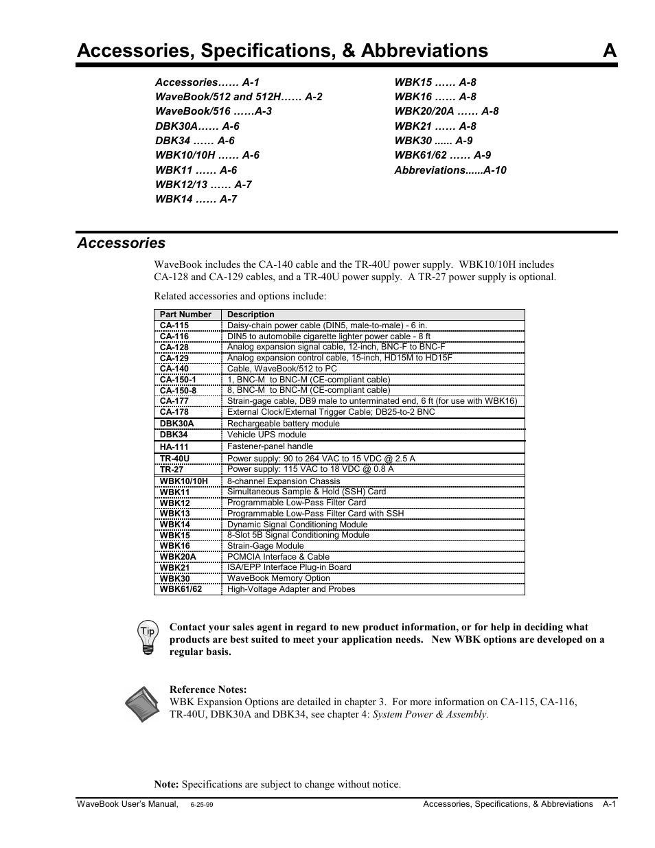 Accessories, Accessories, specifications, & abbreviations a | Measurement Computing WaveBook rev.3.0 User Manual | Page 163 / 236