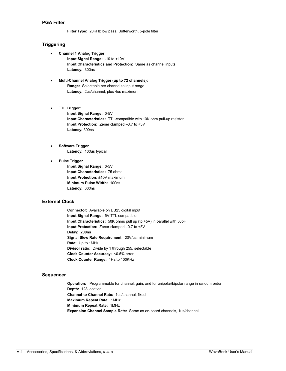 Pga filter, Triggering, Pulse trigger | External clock, Sequencer | Measurement Computing WaveBook rev.3.0 User Manual | Page 166 / 236