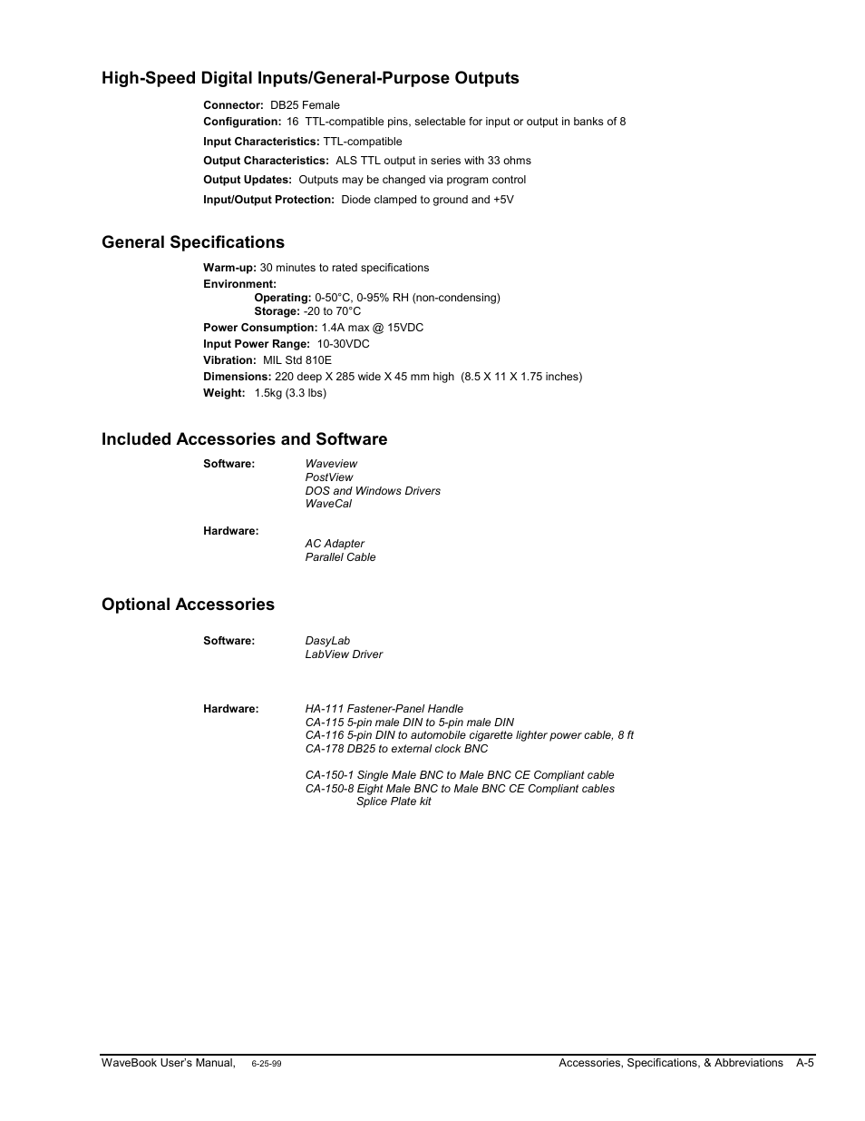 High-speed digital inputs/general-purpose outputs, General specifications, Included accessories and software | Optional accessories | Measurement Computing WaveBook rev.3.0 User Manual | Page 167 / 236