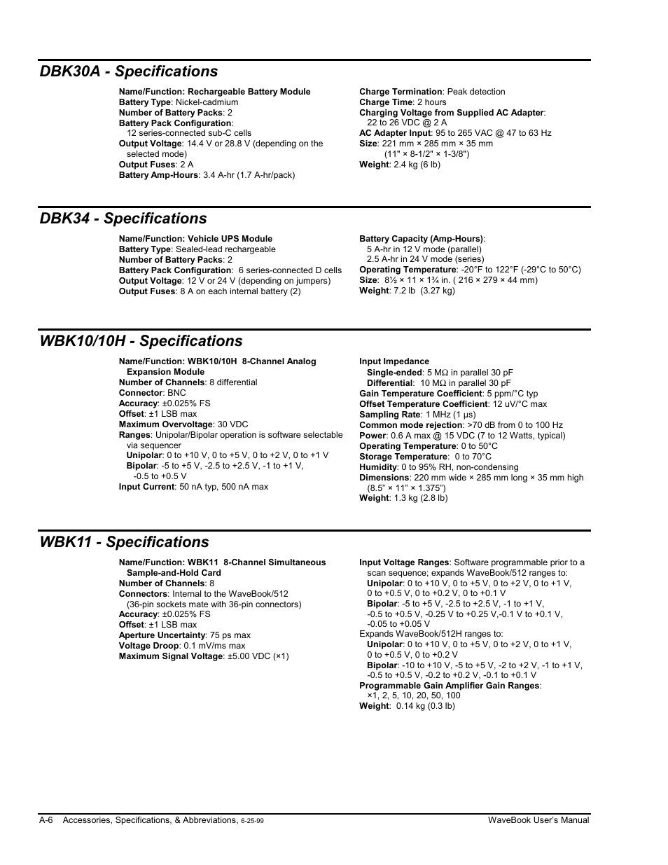 Dbk30a - specifications, Dbk34 - specifications, Wbk10/10h - specifications | Wbk11 - specifications | Measurement Computing WaveBook rev.3.0 User Manual | Page 168 / 236