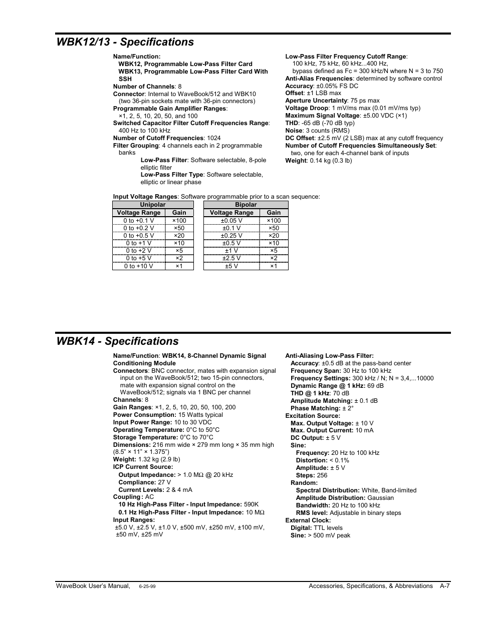7 wbk14 …… a-7, Wbk12/13 - specifications, Wbk14 - specifications | Measurement Computing WaveBook rev.3.0 User Manual | Page 169 / 236