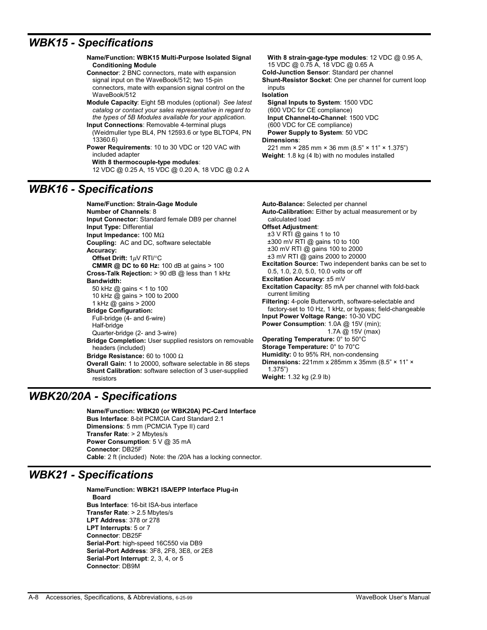 Wbk15 …… a-8 wbk16 …… a-8, 8 wbk21 …… a-8, Wbk15 - specifications | Wbk16 - specifications, Wbk20/20a - specifications, Wbk21 - specifications | Measurement Computing WaveBook rev.3.0 User Manual | Page 170 / 236