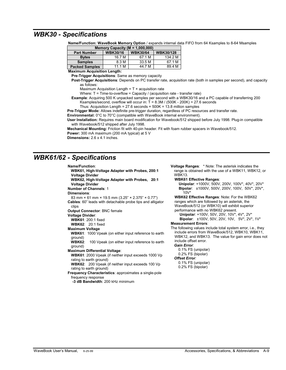 Wbk30 ...... a-9, Wbk30 - specifications, Wbk61/62 - specifications | Measurement Computing WaveBook rev.3.0 User Manual | Page 171 / 236