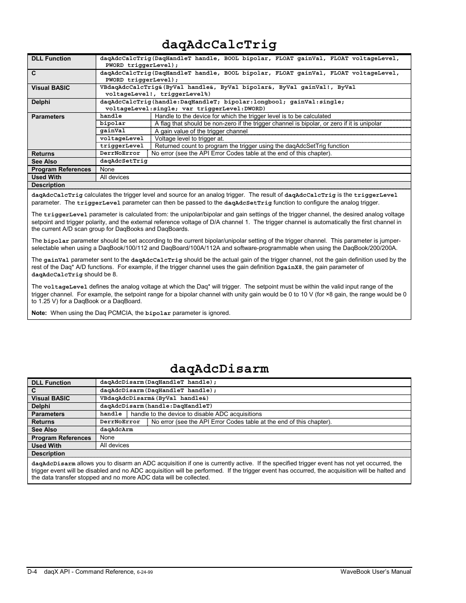 Daqadccalctrig, Daqadcdisarm | Measurement Computing WaveBook rev.3.0 User Manual | Page 200 / 236