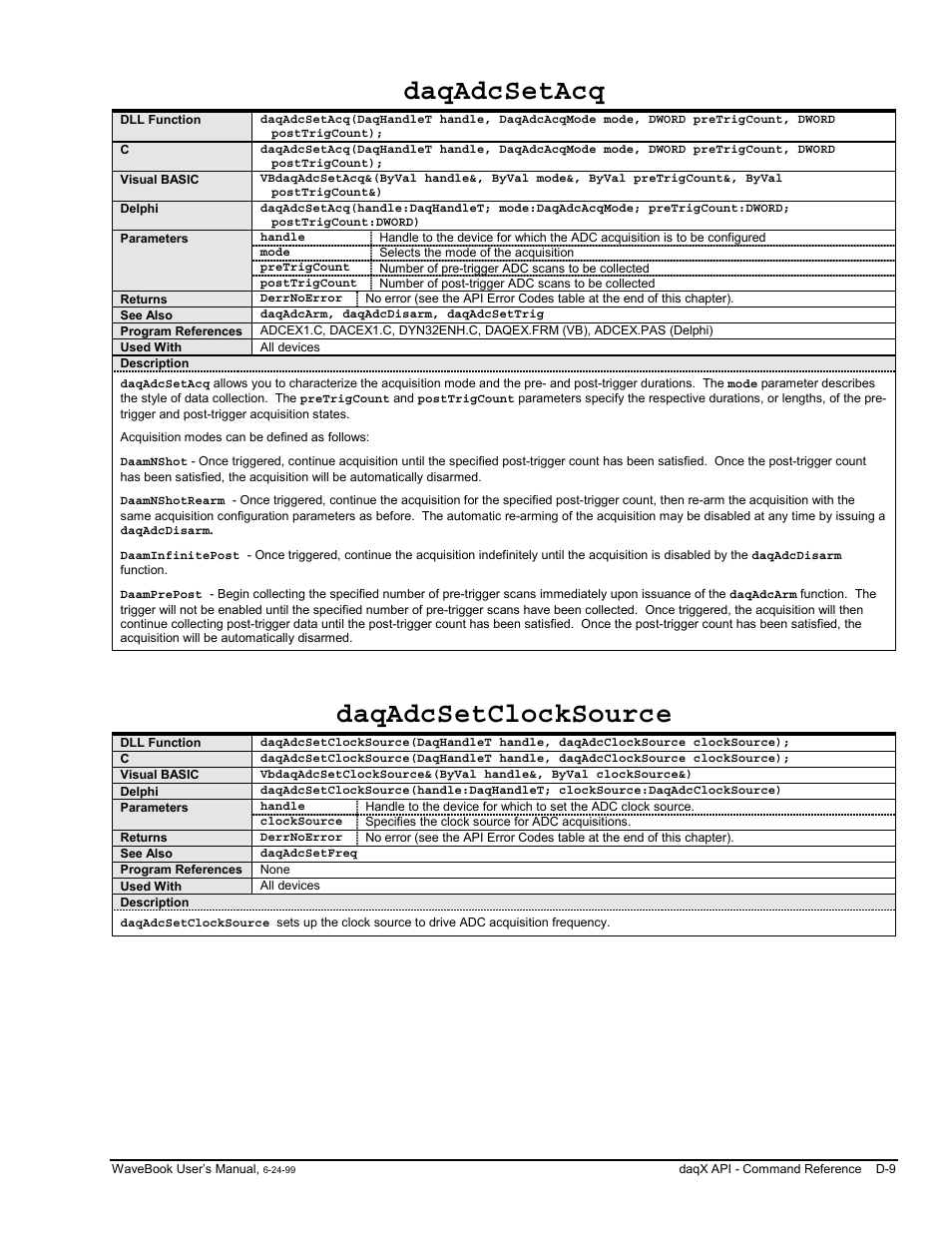 Daqadcsetacq, Daqadcsetclocksource | Measurement Computing WaveBook rev.3.0 User Manual | Page 205 / 236