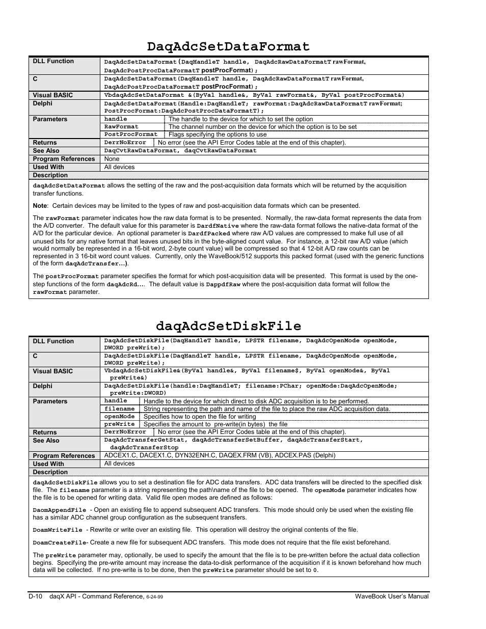 D-10, Daqadcsetdataformat, Daqadcsetdiskfile | Measurement Computing WaveBook rev.3.0 User Manual | Page 206 / 236