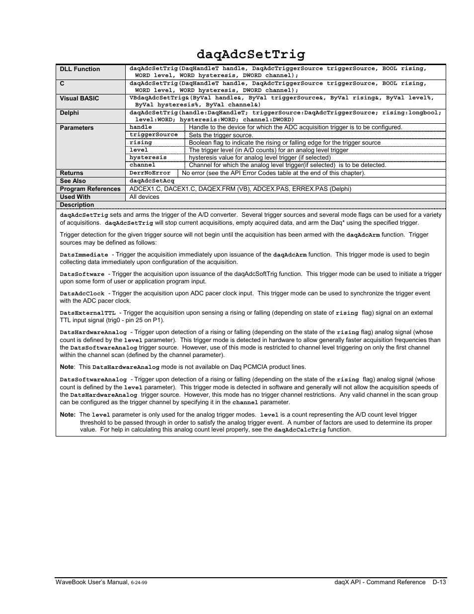 D-13, Daqadcsettrig | Measurement Computing WaveBook rev.3.0 User Manual | Page 209 / 236