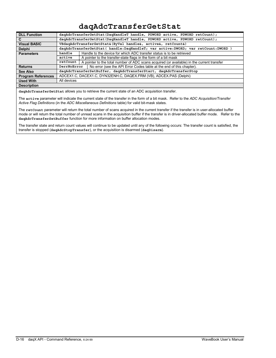 Daqadctransfergetstat | Measurement Computing WaveBook rev.3.0 User Manual | Page 212 / 236