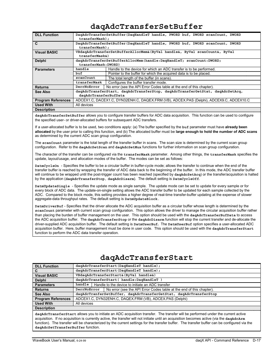 Daqadctransfersetbuffer, Daqadctransferstart | Measurement Computing WaveBook rev.3.0 User Manual | Page 213 / 236