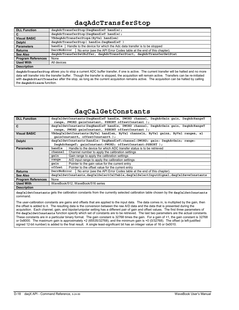 Daqadctransferstop, Daqcalgetconstants | Measurement Computing WaveBook rev.3.0 User Manual | Page 214 / 236
