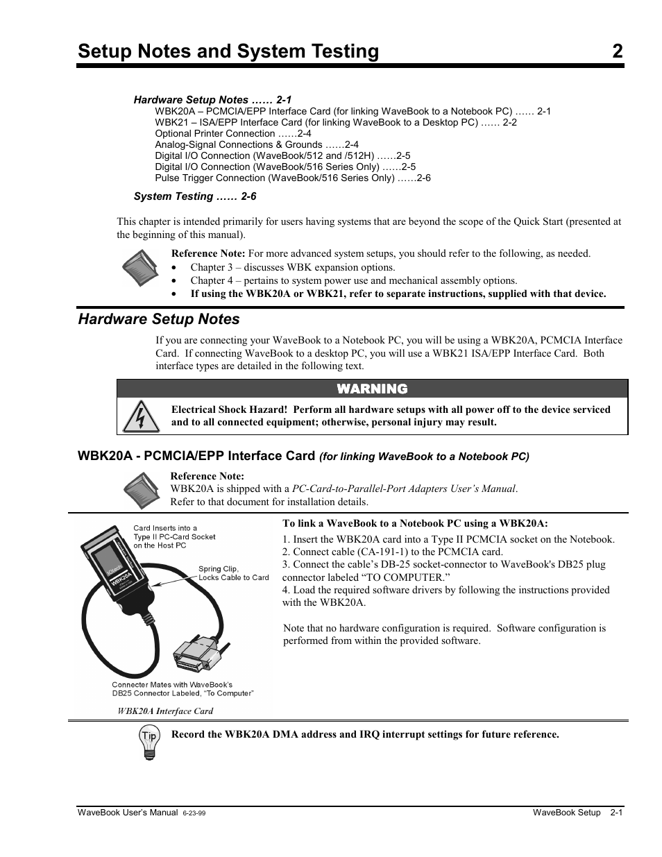 Chapter 2 setup notes and system testing, Hardware setup notes | Measurement Computing WaveBook rev.3.0 User Manual | Page 23 / 236