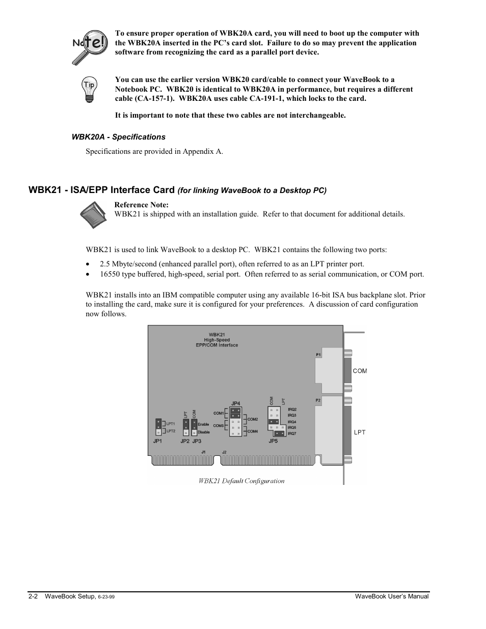 Wbk20a - specifications, Wbk21 - isa/epp interface card | Measurement Computing WaveBook rev.3.0 User Manual | Page 24 / 236