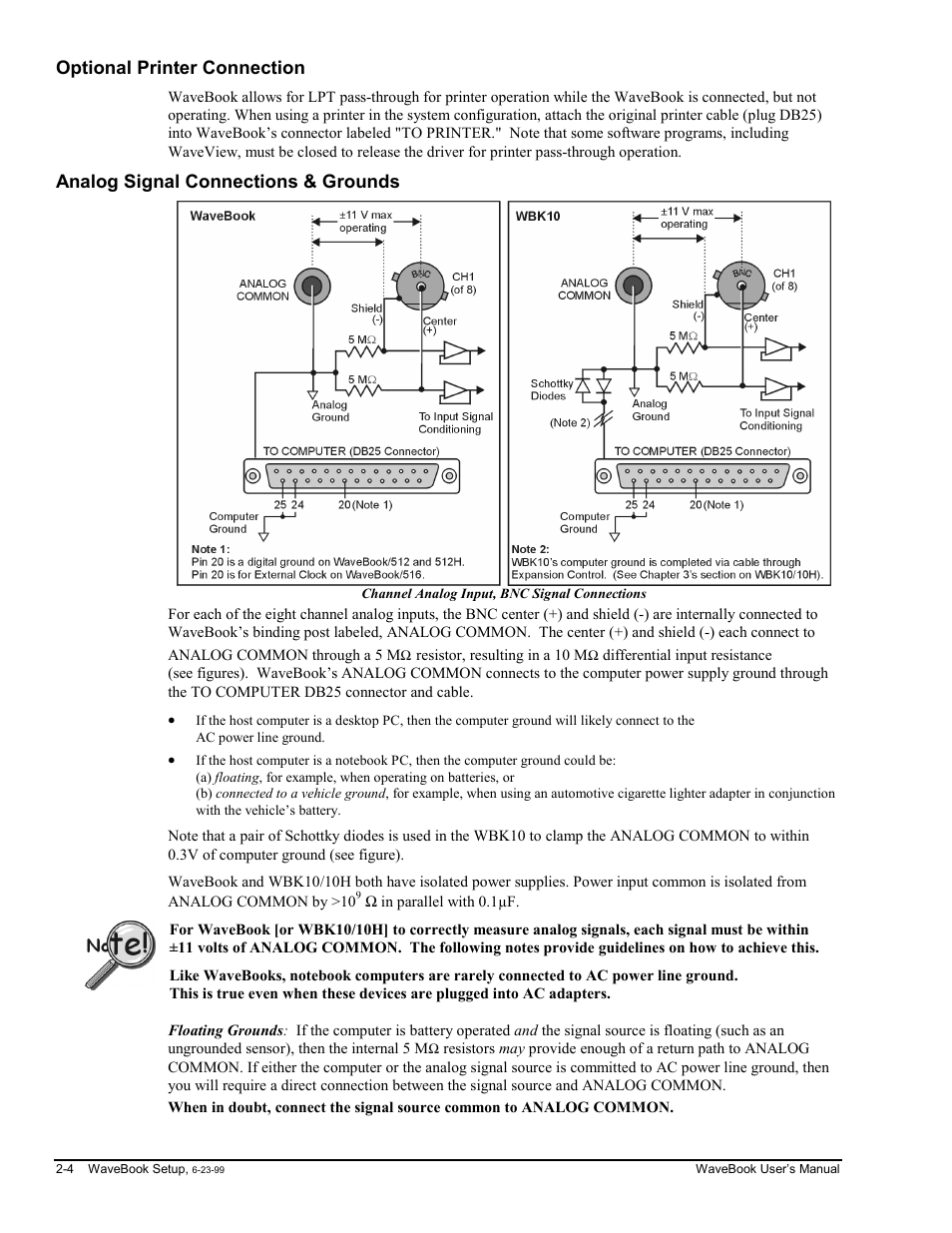 Optional printer connection, Analog signal connections & grounds, Ounds ……2-4 | Ebook/512 and /512h | Measurement Computing WaveBook rev.3.0 User Manual | Page 26 / 236