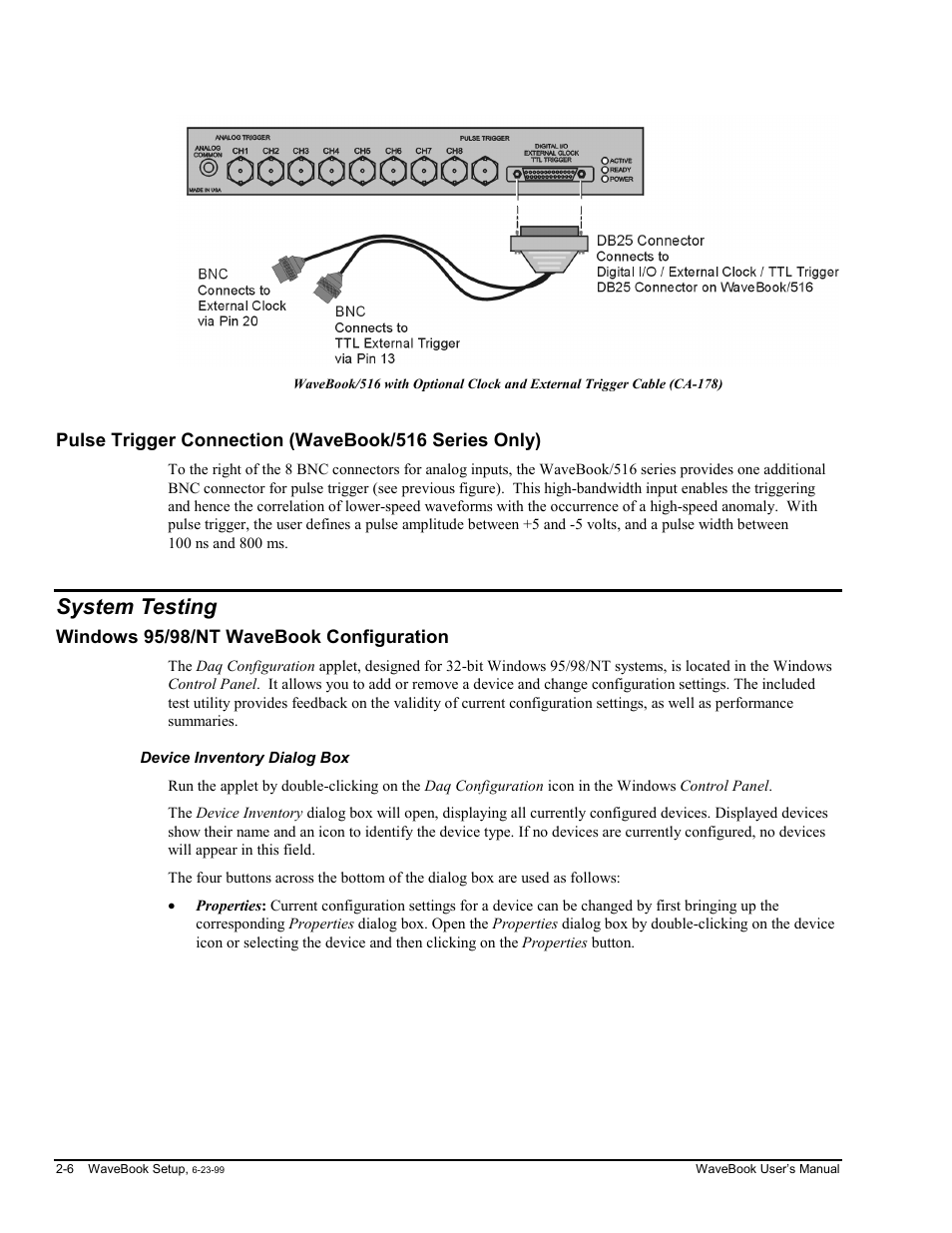 System testing, Windows 95/98/nt wavebook configuration, Device inventory dialog box | Measurement Computing WaveBook rev.3.0 User Manual | Page 28 / 236