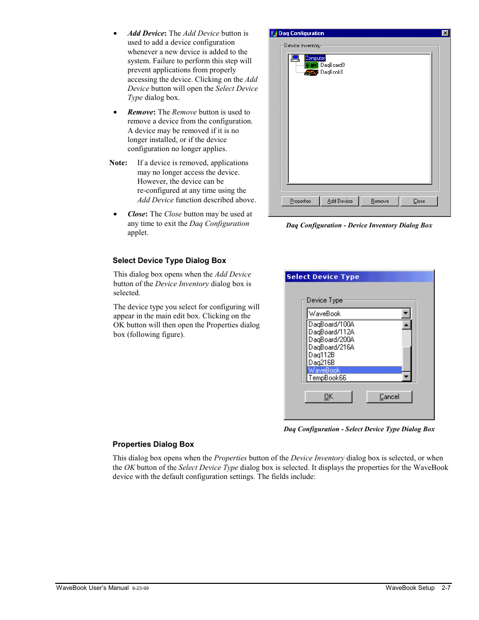 Select device type dialog box, Properties dialog box | Measurement Computing WaveBook rev.3.0 User Manual | Page 29 / 236