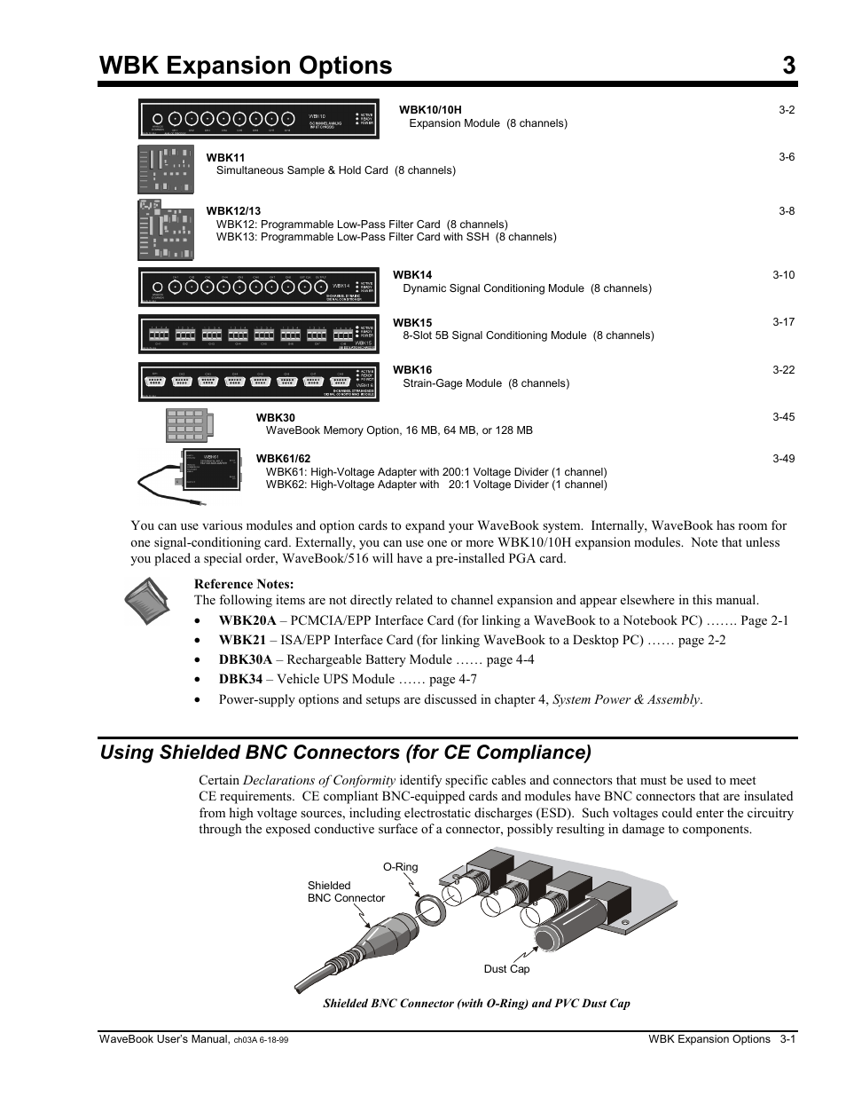 Chapter 3 wbk expansion options, Using shielded bnc connectors (for ce compliance), Wbk expansion options 3 | Measurement Computing WaveBook rev.3.0 User Manual | Page 33 / 236