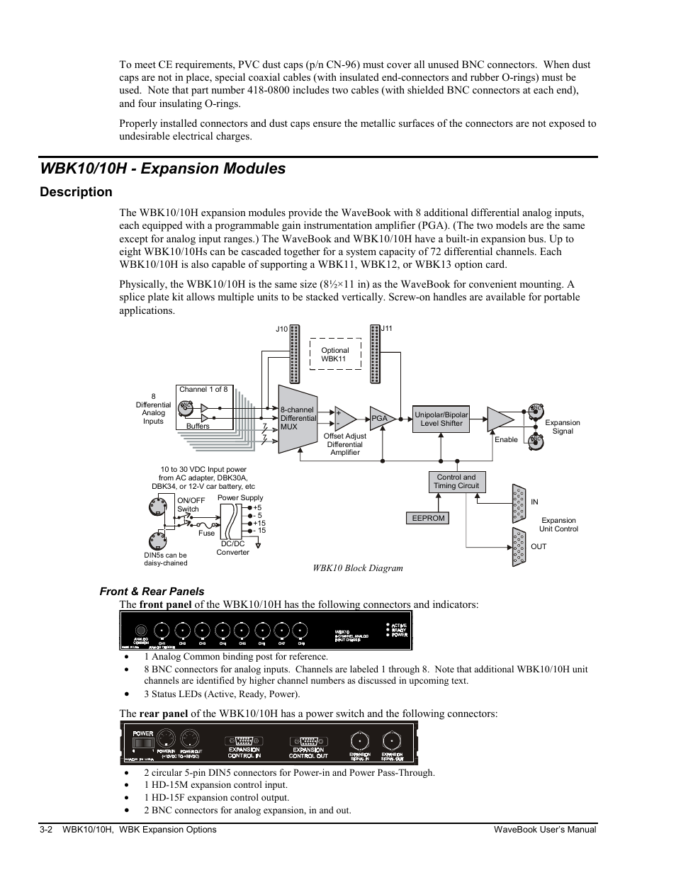 Wbk10/10h - expansion modules, Description, Front & rear panels | Measurement Computing WaveBook rev.3.0 User Manual | Page 34 / 236