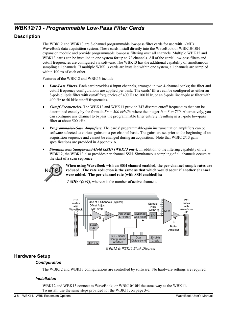 Wbk12/13 - programmable low-pass filter cards, Description, Hardware setup | Configuration, Installation | Measurement Computing WaveBook rev.3.0 User Manual | Page 40 / 236