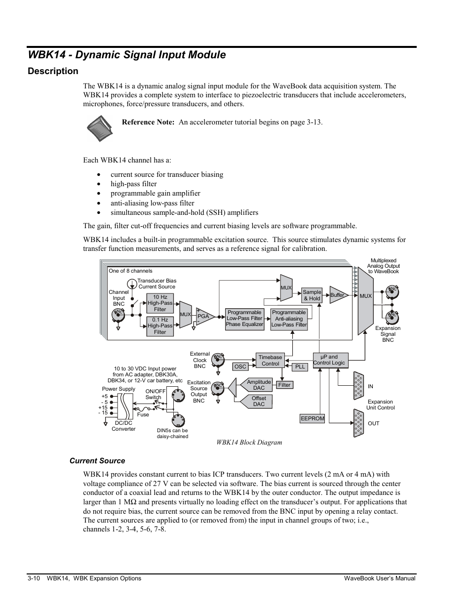 Wbk14 - dynamic signal input module, Description, Current source | Measurement Computing WaveBook rev.3.0 User Manual | Page 42 / 236