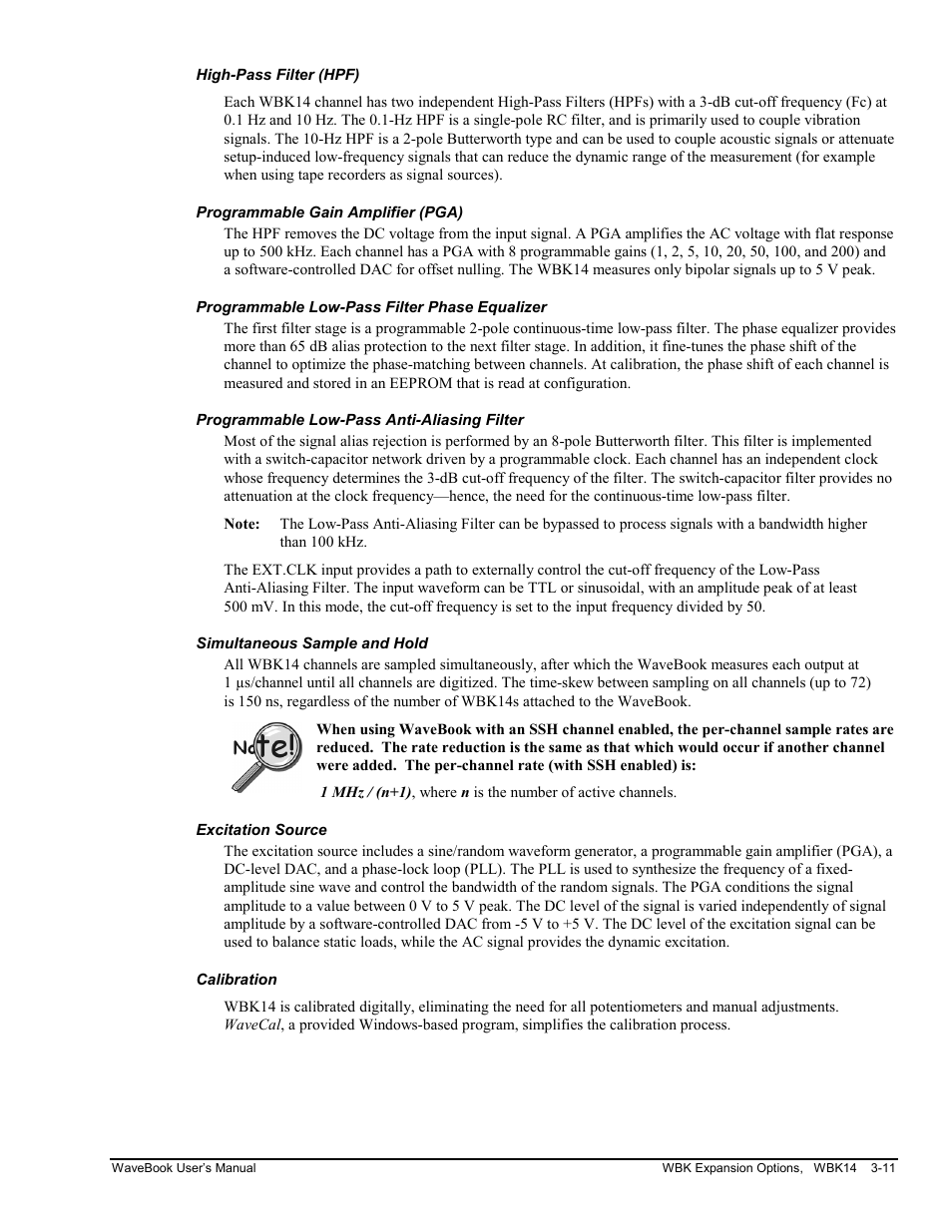 High-pass filter (hpf), Programmable gain amplifier (pga), Programmable low-pass filter phase equalizer | Programmable low-pass anti-aliasing filter, Simultaneous sample and hold, Excitation source, Calibration | Measurement Computing WaveBook rev.3.0 User Manual | Page 43 / 236