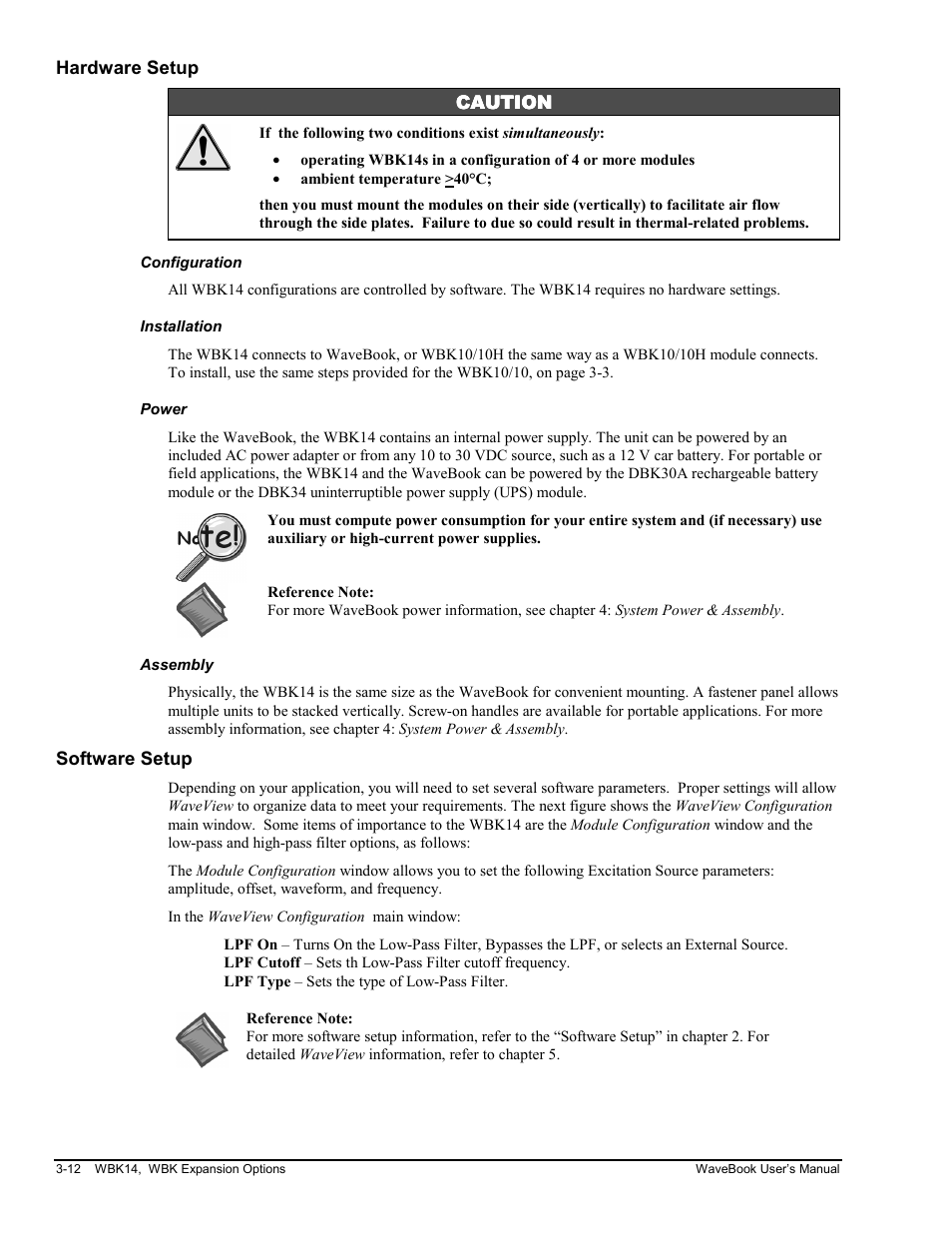 Hardware setup, Configuration, Installation | Power, Assembly, Software setup | Measurement Computing WaveBook rev.3.0 User Manual | Page 44 / 236