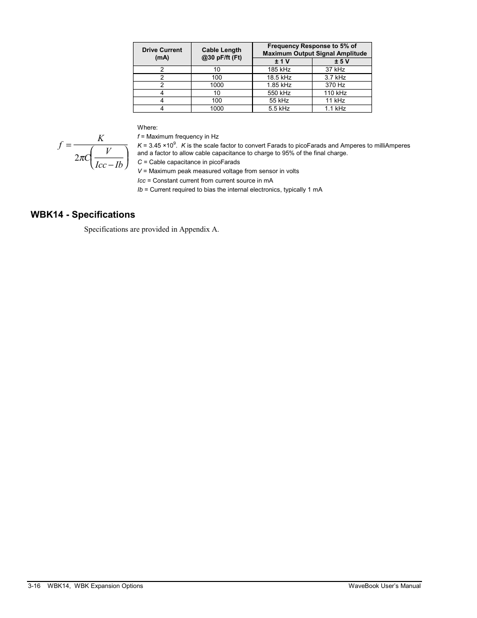 Wbk14 - specifications, Fk c v icc ib = −       2 | Measurement Computing WaveBook rev.3.0 User Manual | Page 48 / 236