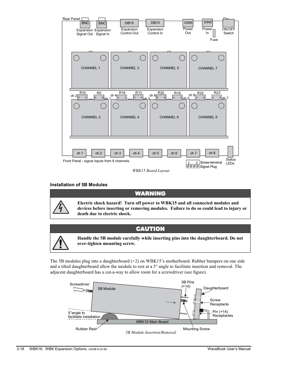 Installation of 5b modules, Warning, Caution | Measurement Computing WaveBook rev.3.0 User Manual | Page 50 / 236