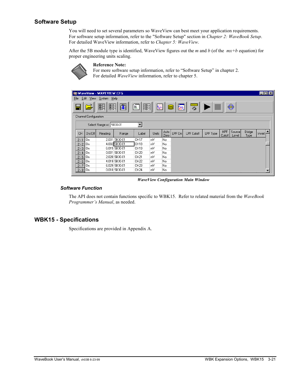 Software setup, Wbk15 - specifications | Measurement Computing WaveBook rev.3.0 User Manual | Page 53 / 236