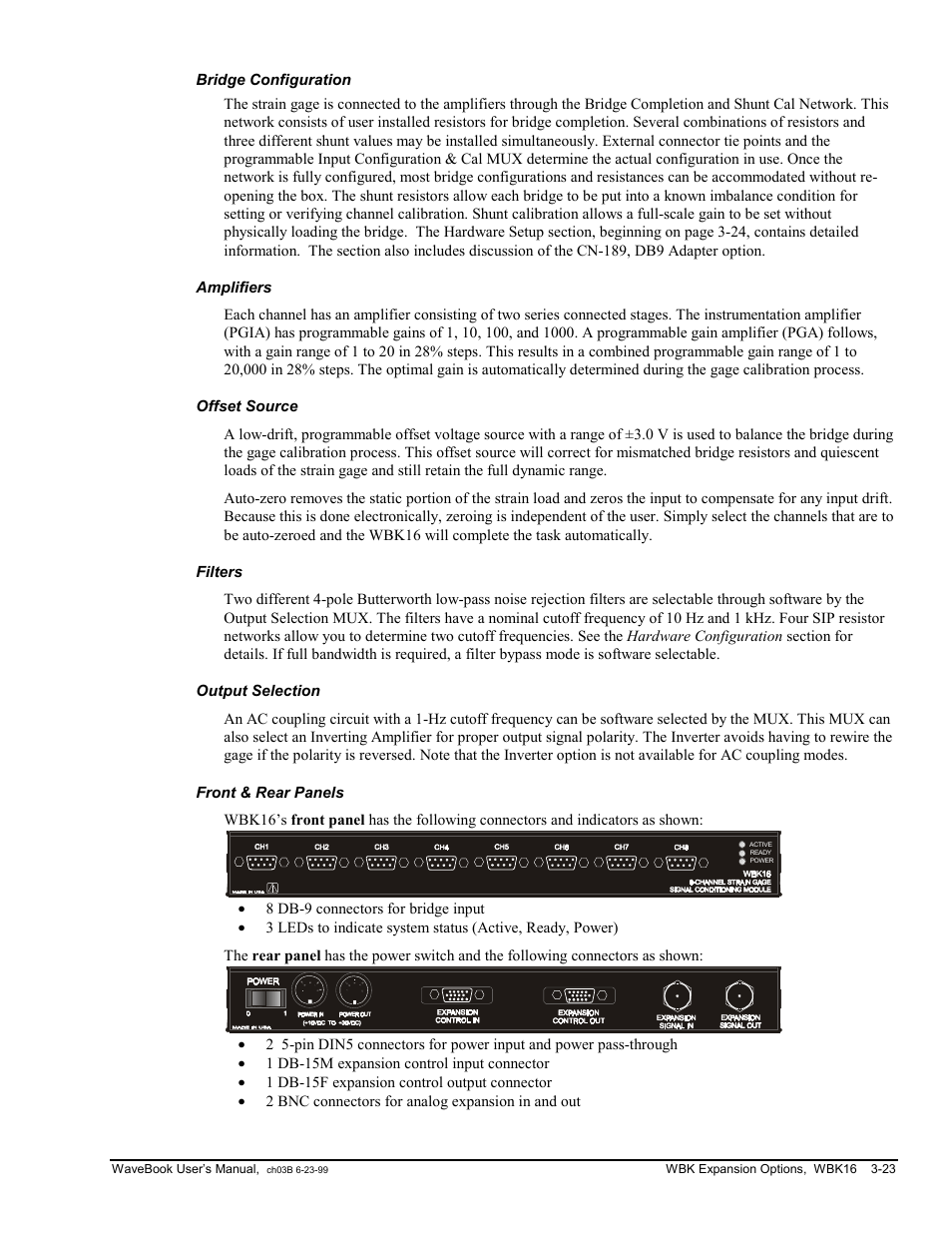 Bridge configuration, Amplifiers, Offset source | Filters, Output selection, Front & rear panels | Measurement Computing WaveBook rev.3.0 User Manual | Page 55 / 236